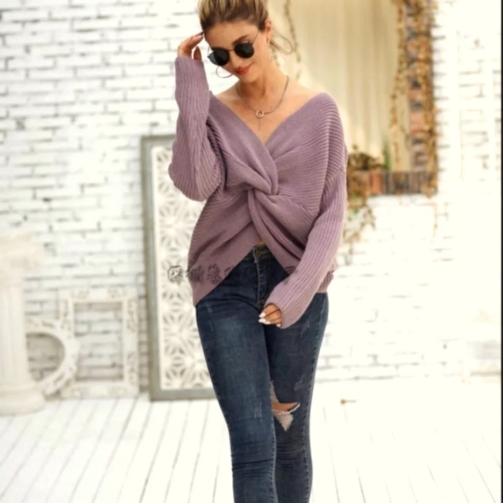 "Love Tree" Long-Sleeve Waffle Knit Sweater, with V-neck Front & Twisted Back - Picture 3 of 14